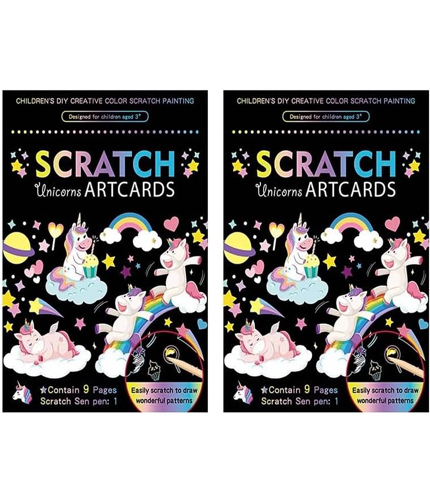 Unico Theme Scratch Art Book (Set of 2) 9 Sheets Double Sided Scratch Paper Cards Art Crafts with Wooden Stylus Set for Kids Boys Girls Birthday Party Favor Supplies