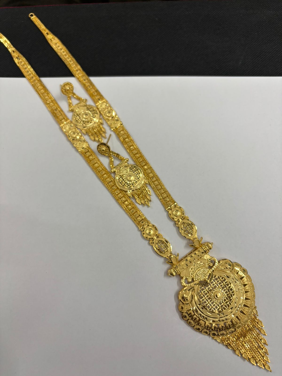 Saniya Traditional Gold-Toned Heavy Look Long Necklace Set Rani Haar with Intricate Jali Work Pendant