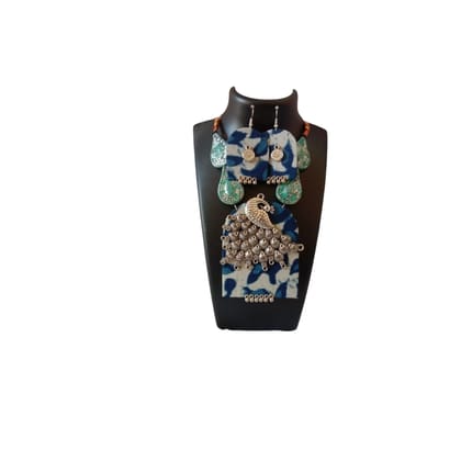 Elegant Handmade Indigo Fabric Jewelry Set - Necklace & Earrings with German Silver Accents, Chemical Beads, Cotton Threads, Eco-Friendly Bark Fabric, Lightweight and Comfortable Design, Ideal for Daily Wear and Special Occasions