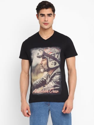 100% Cotton Printed V Neck T-Shirt For Men - Black-L / Black