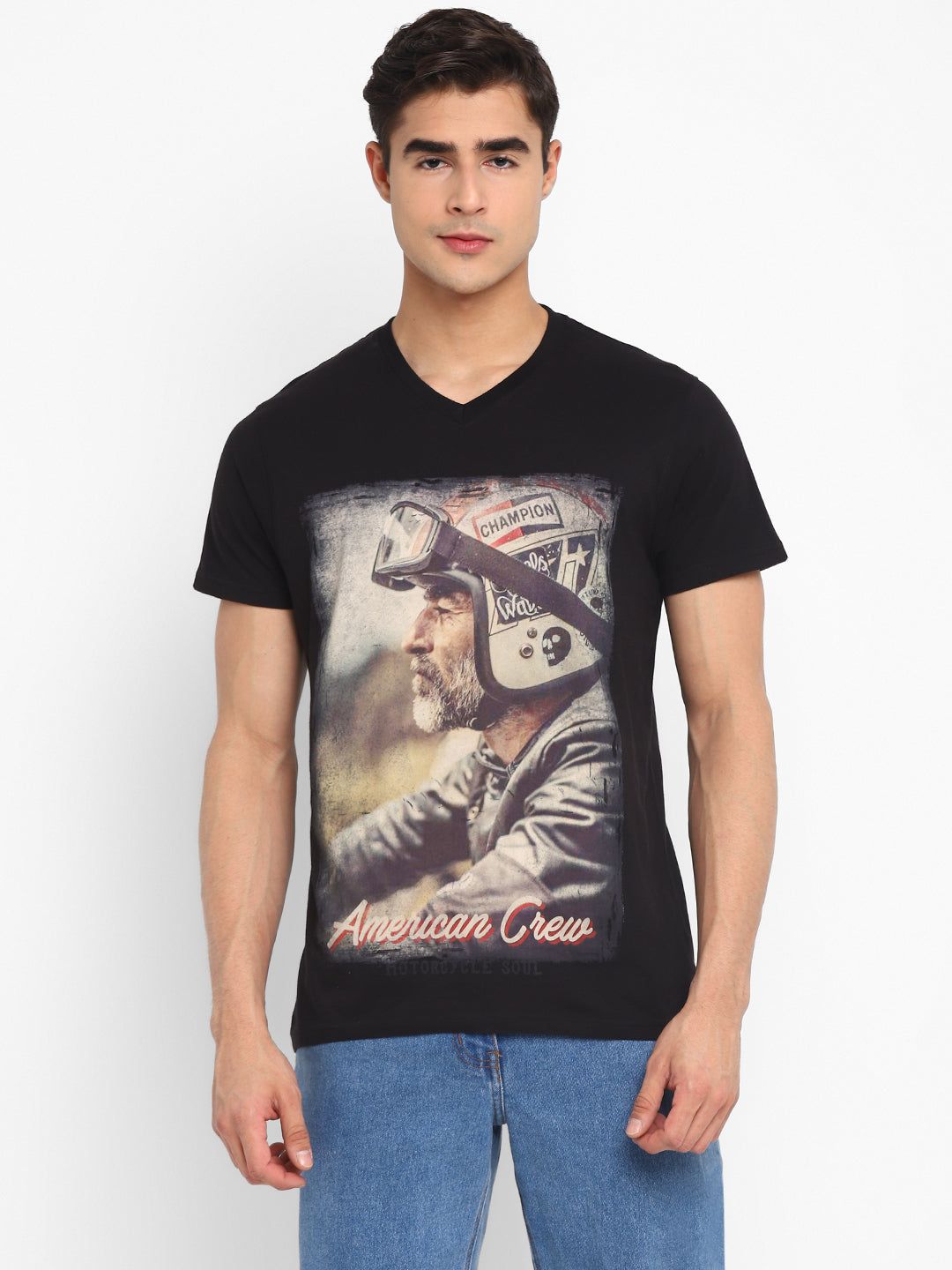 100% Cotton Printed V Neck T-Shirt For Men - Black-L / Black