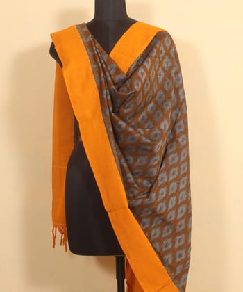 Grey mustard handwoven cotton pochampally ikat dupatta