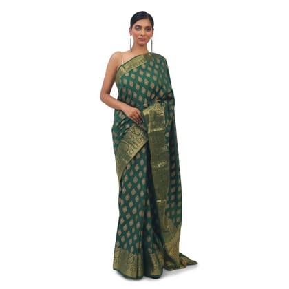TheHangr Art Silk Green Saree With Golden Work