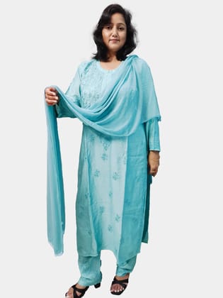 TheHangr Hand Embroided Cyan Chanderi Silk Lucknowi Chikankari Kurti Set