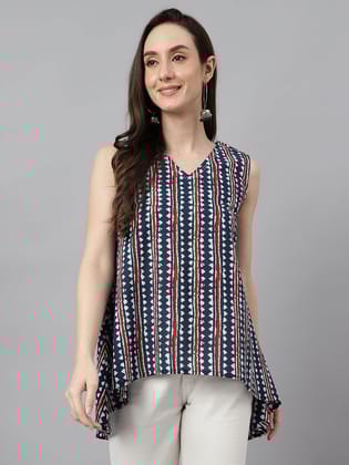 Womens Navy Blue Cotton Geometric Print Top Womens Navy Blue Cotton Geometric Print Top