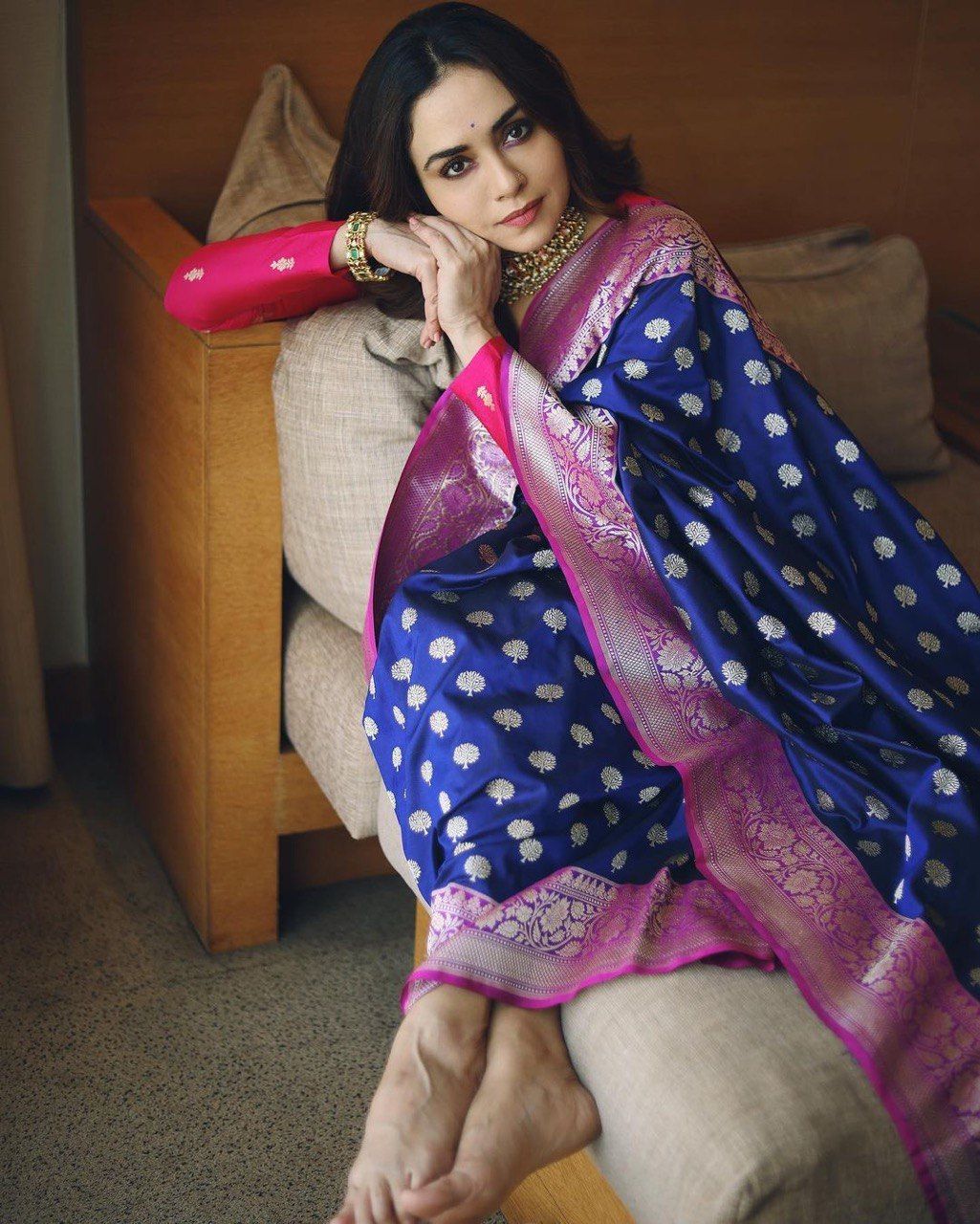 Blue & Pink Soft Banarasi Silk Saree with Kawda Technique