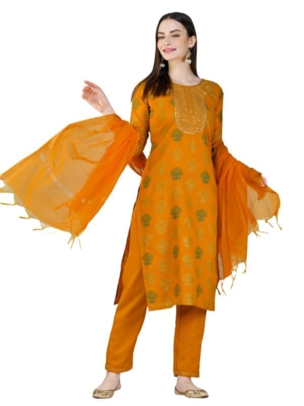 Women's Casual 3-4 th Sleeve Embroidery Cotton Kurti Pant Dupatta Set (Yellow, 2XL)-PID50296