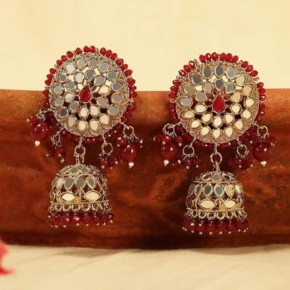 Gold plated Mirror Kundan Red Jhumki Earrings