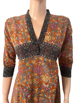 Kalamkari Cotton A line Kurta with V collar & Ajrakh Patches ,Orange,  KK1085-S