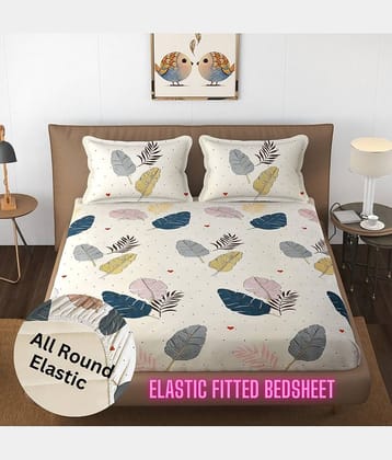 Apala Microfibre Abstract Printed Fitted Double Bedsheet With 2 Pillow Covers- Cream