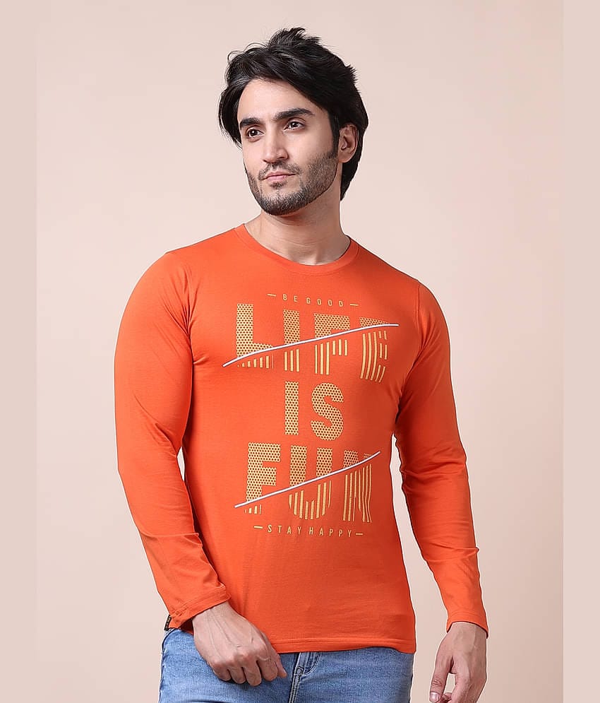 BERRYBLUES Cotton Blend Slim Fit Printed Full Sleeves Men's Round T-Shirt - Rust ( Pack of 1 )