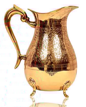 Handcrafted Pure Brass Embossed Design Jug Pitcher with 4 Legs, Drinkware, Tableware