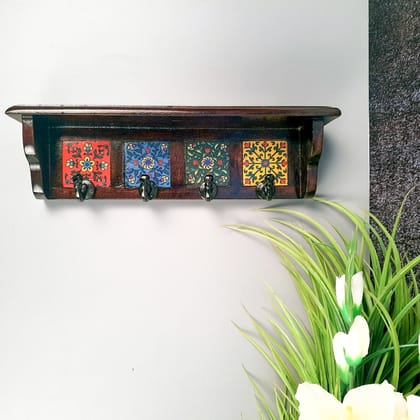 Key Hooks With Wall Shelf | Key Holder Stand With Ceramic Tile Design | Floating Shelves Cum Key Hanger Organiser - For Home, Entrance, Office Decor & Gifts - 12 Inch (4 Hooks)-Dark Brown