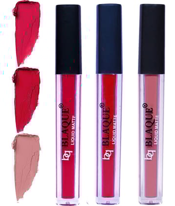 bq BLAQUE Matte Liquid Lipstick Combo of 3 Lip Color 4ml each, Waterproof - Ruby Red, Dark Pinkish Red, Light Nude Brown