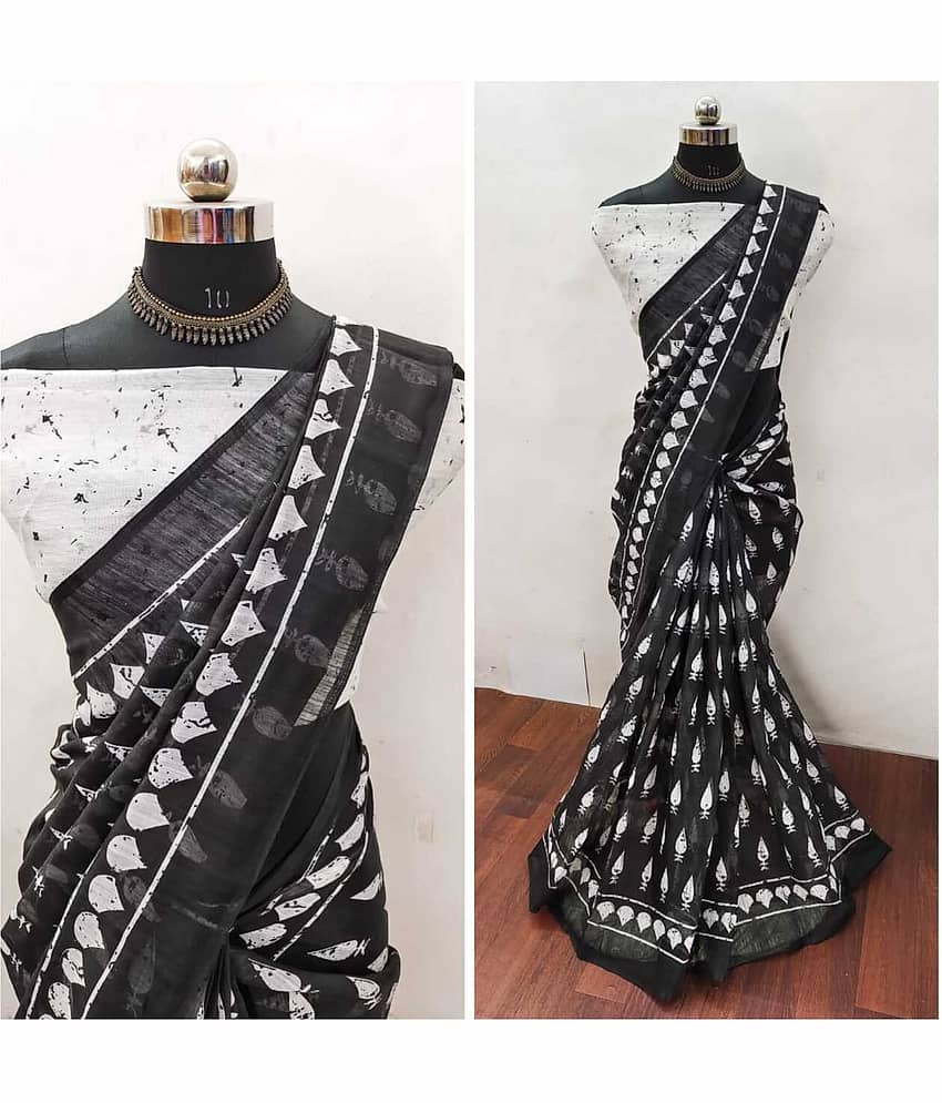 JIHANA FAB Chiffon Printed Saree With Unstitched Blouse Piece ( Black )