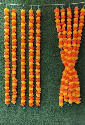 5 pcs Artificial Marigold Fluffy Flowers Garlands Orange and yellow for Decoration Artificial genda phool Flower line for Decoration Home Decor, Decor,Flower Decoration line