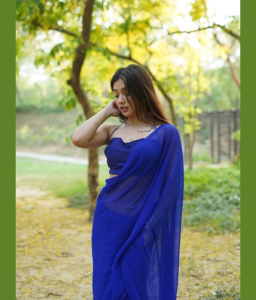 ANAND SAREES Georgette Printed Kasavu Saree With Unstitched Blouse Piece ( BLUE )