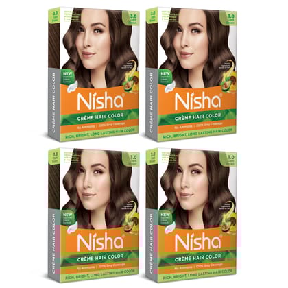 Nisha Creme Hair Color Dark Brown 40gm Pack of 4, Permanent Hair Color for Women Men, No Ammonia, 100% Grey Coverage