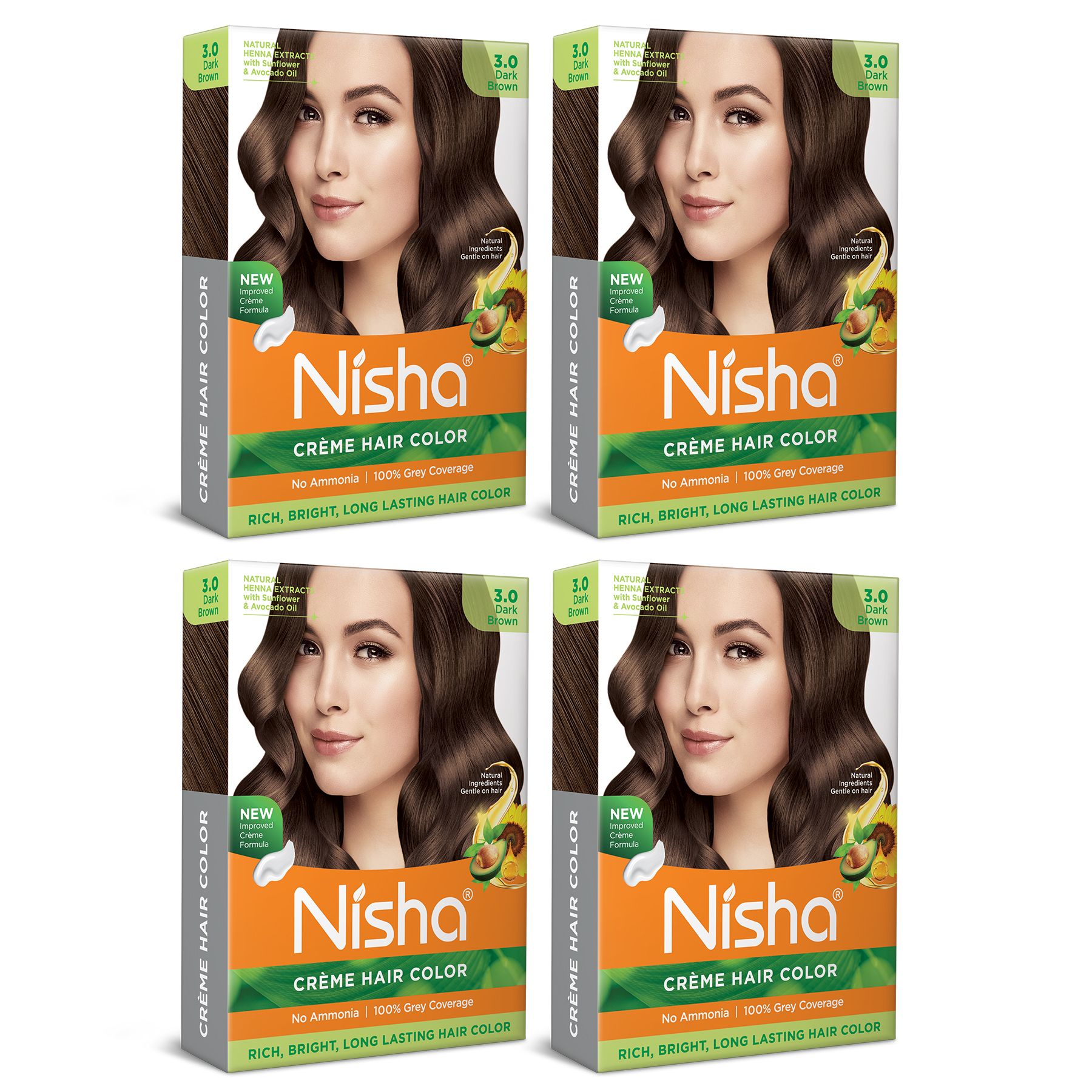 Nisha Creme Hair Color Dark Brown 40gm Pack of 4, Permanent Hair Color for Women Men, No Ammonia, 100% Grey Coverage