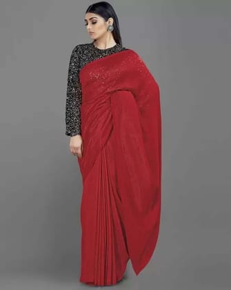 ANSH Womens Satin Solid Saree length (5.5m) & Blouse Piece Size (0.8m) (Red)