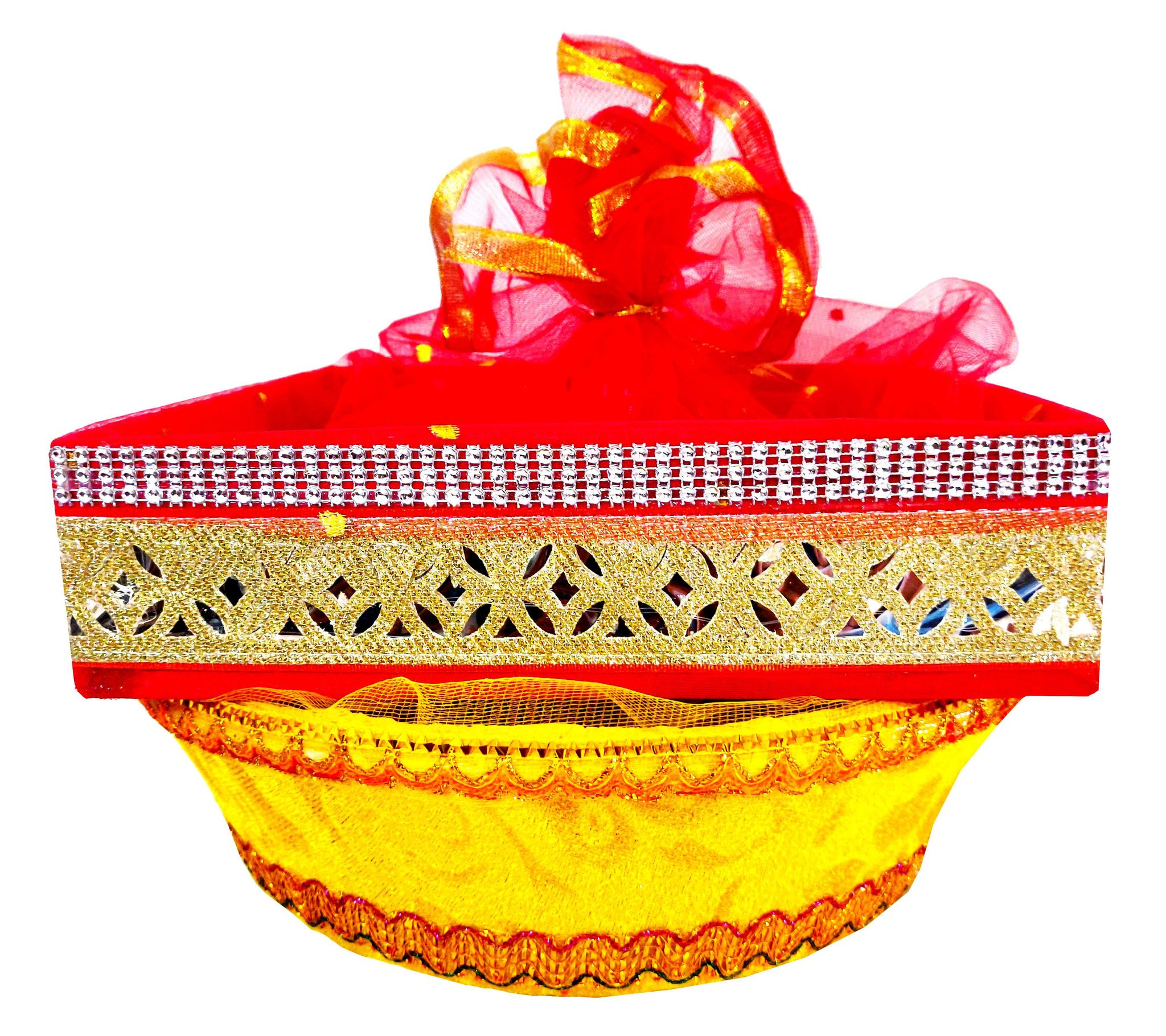 Omkar by R3 Inc. Handmade Multicolor Fancy Gift Hamper Basket Net Covering for Wedding and Festival Gift Purpose - (Pack of 2 / Jumbo) Square & Round Basket
