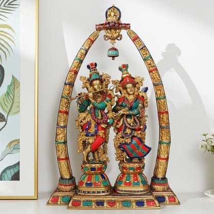 Brass Radha Krishna Darbar Idol - Stone Work Brass Statue, Height : 45.3 Inch (BSMAS301 C)