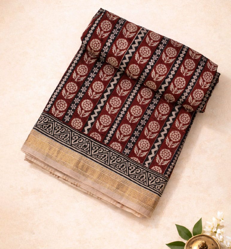 Bagh Print Maheshwari Cotton-Silk Saree – Hand Block Printed