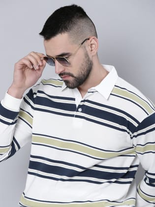 Auto Stripes Beige Navy Full Sleeve Polo T-Shirt-M / Beige
