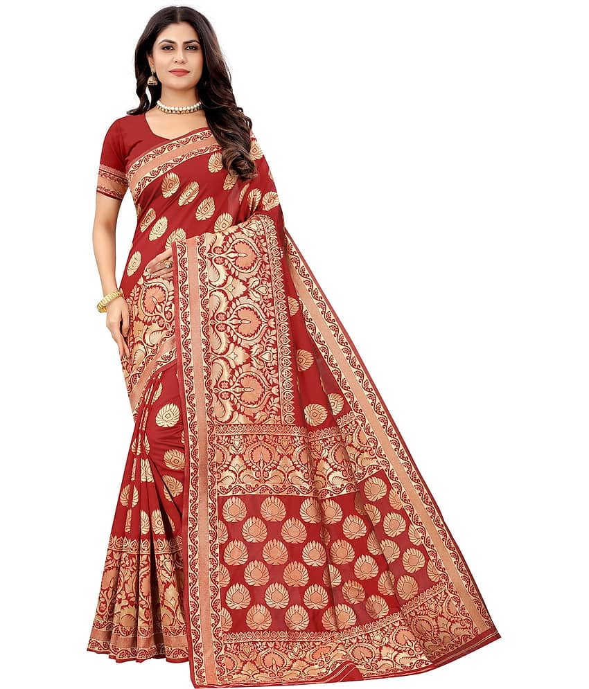 NENCY FASHION Banarasi Silk Self Design Saree With Unstitched Blouse Piece ( Red )