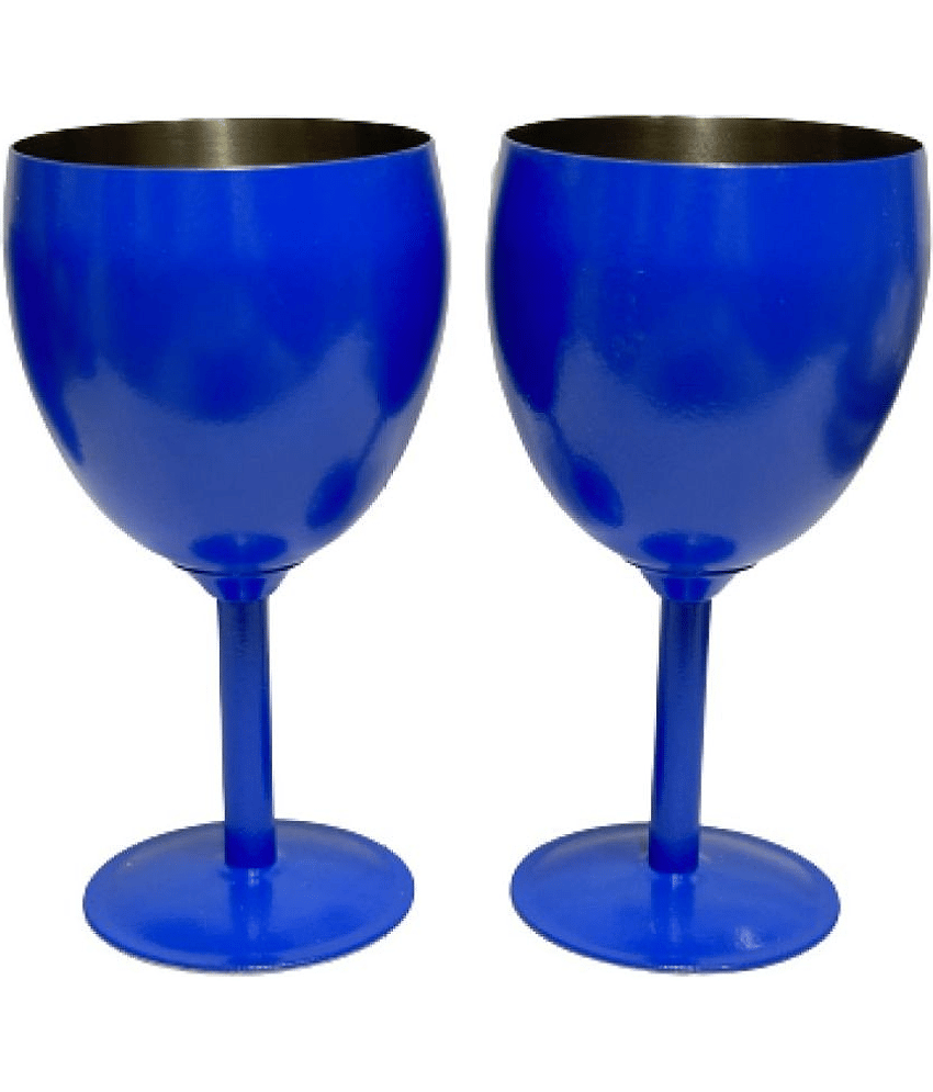Dynore - 2 Blue Goblet Glass Steel Glasses Set 250 ml ( Pack of 2 )