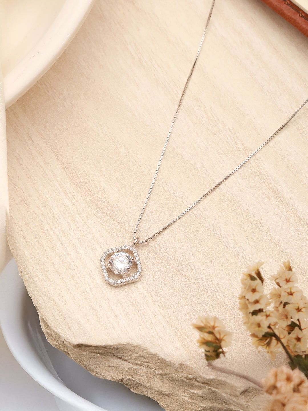 925 Sterling Silver Zircon Square  Halo Solitaire Minimal Pendant Necklace & Chain