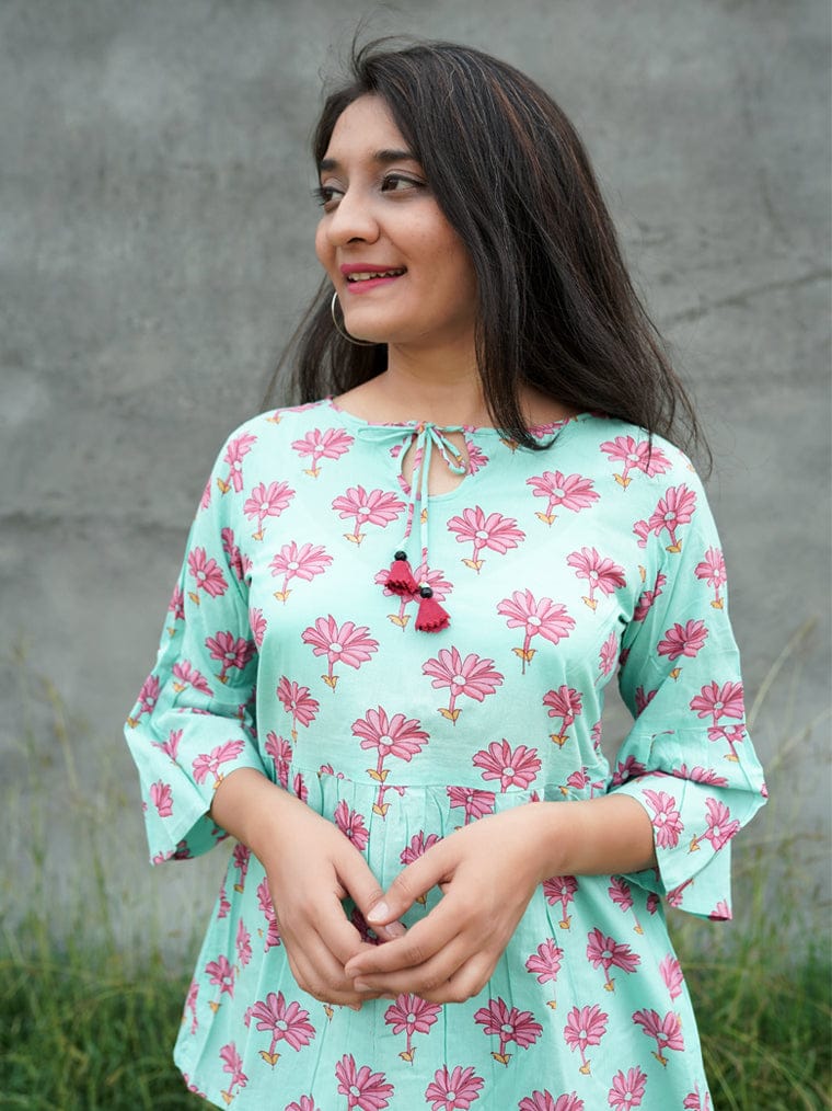 Pink Daisy Sky Blue Floral Cotton Top-XS