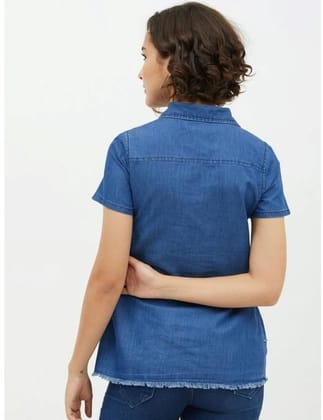 Women's Denim Peplum Short Sleeve Top (Blue, S)-PID55912