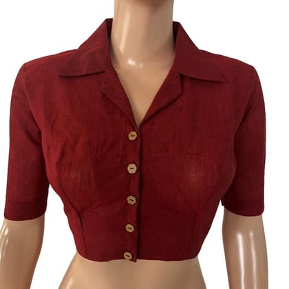South Cotton Shirt Collar Blouse with Wooden Button Details  , Red- Maroon , BH1325-S