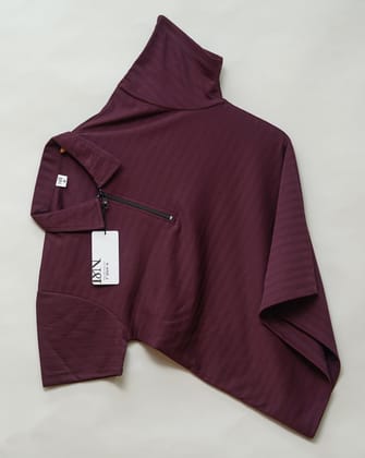 Wine | Ottoman Rib Textured | Polo Zipper T-Shirt-M