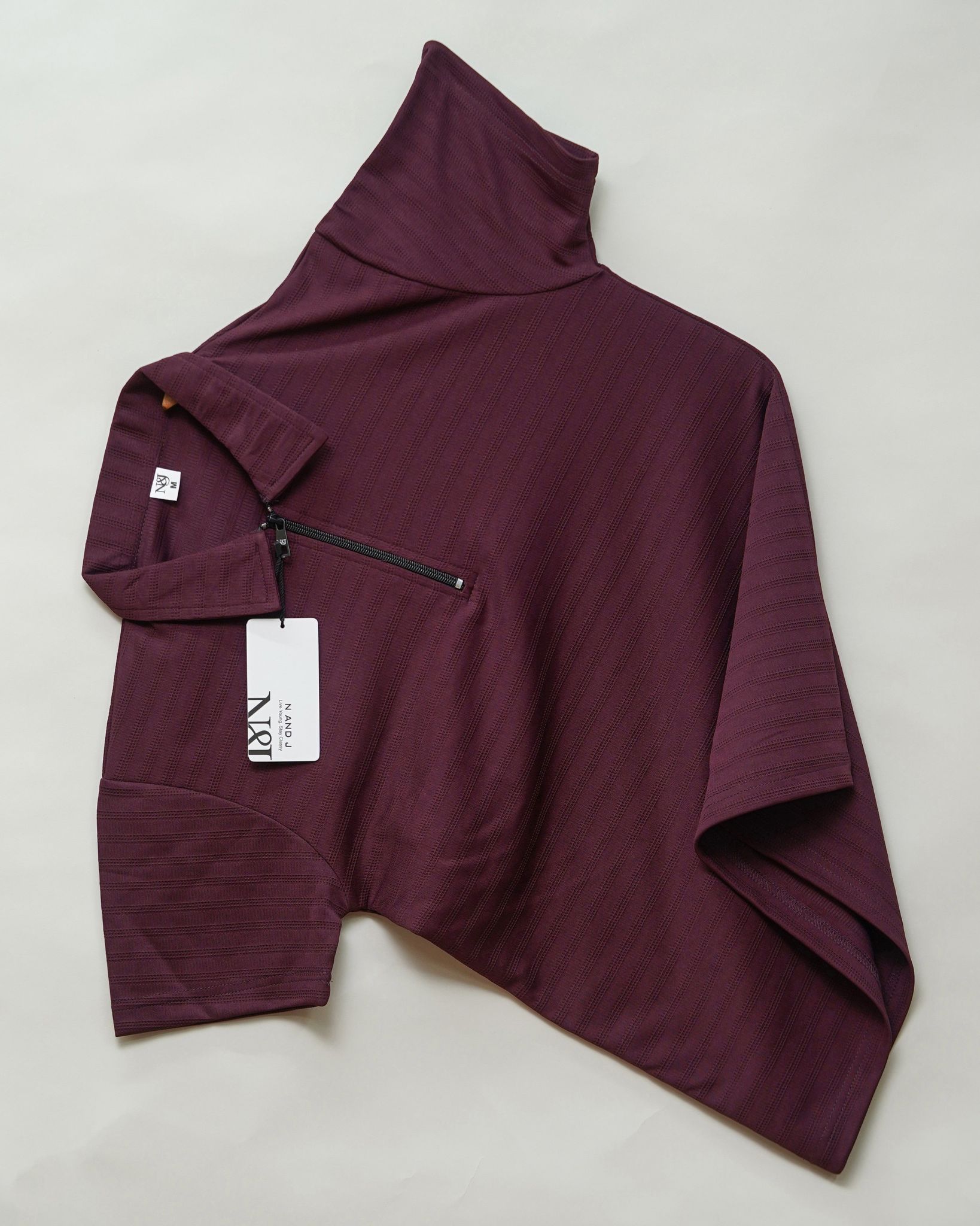 Wine | Ottoman Rib Textured | Polo Zipper T-Shirt-M