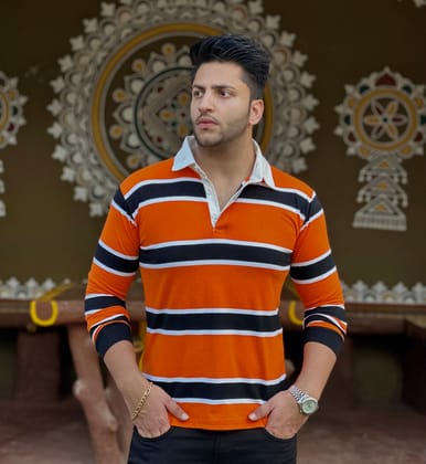 Orange Black Striped Polo T-Shirt - M