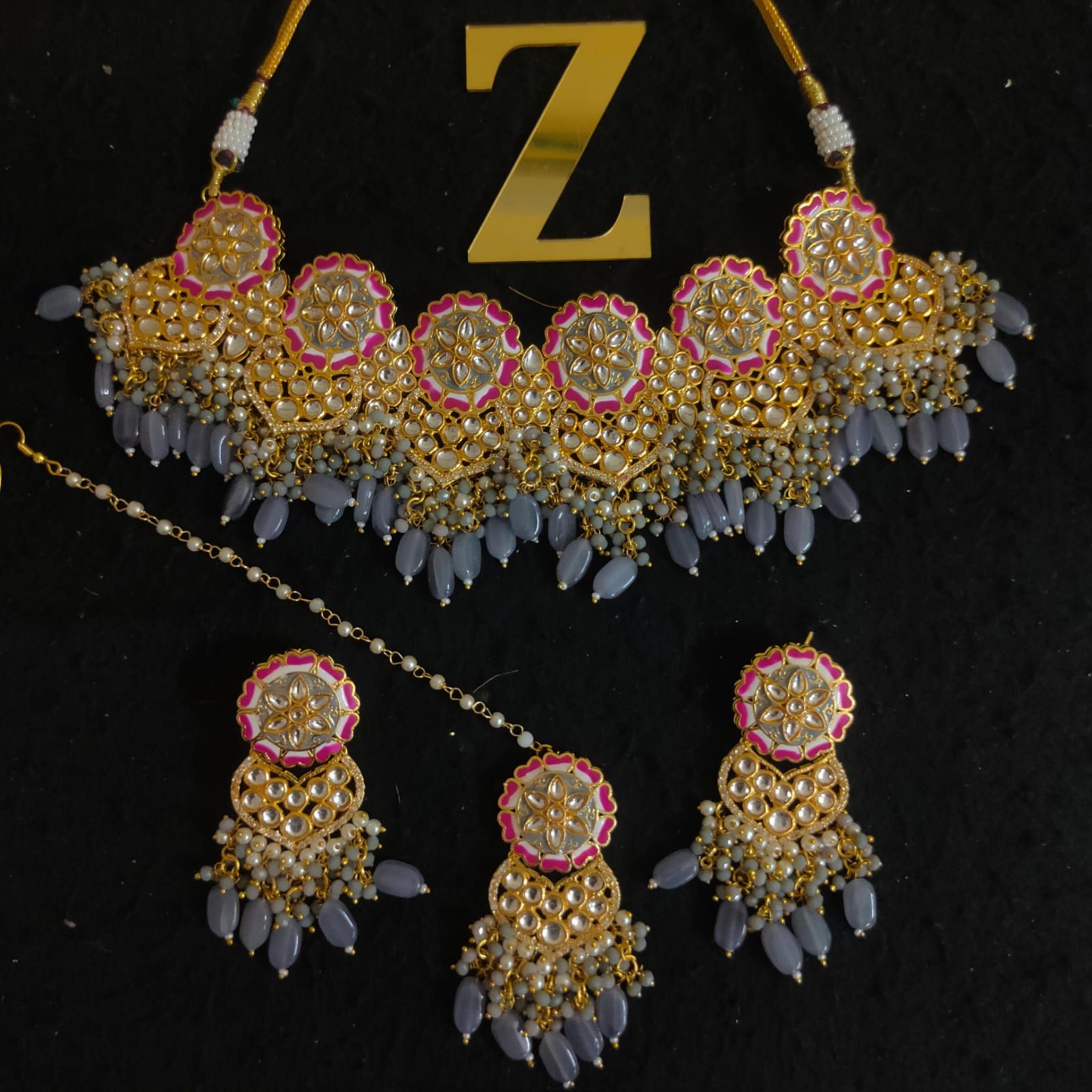 ZEVAR I Meenakari Choker Necklace With Earrings & Maangtika