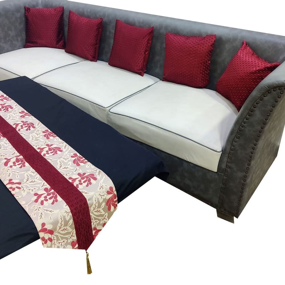 GOODVIBES Maroon Red Damask Floral Woven Square 5 Cushion Covers and 1 Table Runner Combo Luxury Modern Pillow Cover for Sofa Living Room Bedroom |24X24 Inch Cushion Cover I12 X 59 Inch Table Runner
