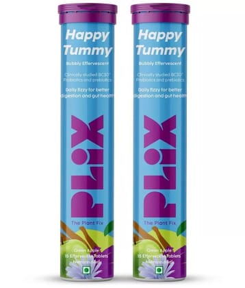 Plix Happy Tummy Pre+Probiotic 15 Effervescent Tablets For Good Gut Metabolism Pack of 2 Green Apple