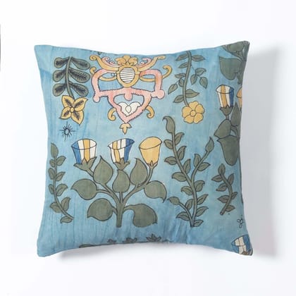 Handpainted Kalamkari Cushion Cover - 18x18-18 Inches x 18 Inches / 46 Cms x 46 Cms / Cotton Silk / Blue, Green, Mustard, Pink