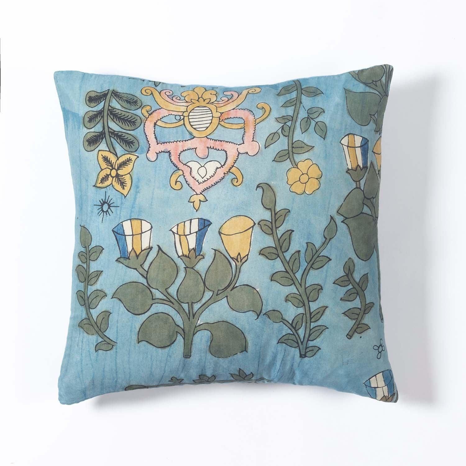 Handpainted Kalamkari Cushion Cover - 18x18-18 Inches x 18 Inches / 46 Cms x 46 Cms / Cotton Silk / Blue, Green, Mustard, Pink