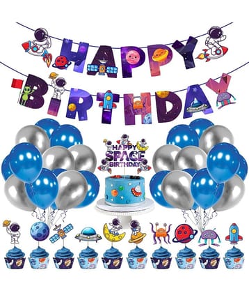 Zyozi Space Kids Space Birthday Party Decoration - Blue Astronaut Spaceship Theme Happy Birthday Banner Hanging Solar System Spiral Planet Card Children's Gifts Cake Insert Supplies Set