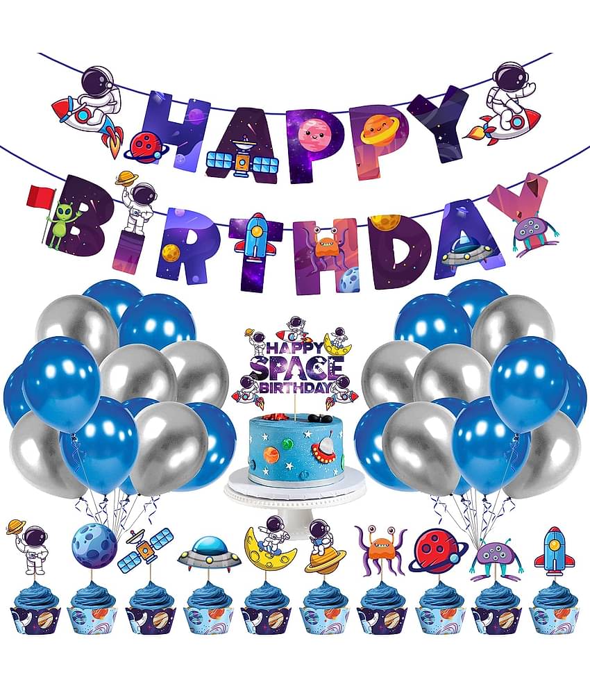 Zyozi Space Kids Space Birthday Party Decoration - Blue Astronaut Spaceship Theme Happy Birthday Banner Hanging Solar System Spiral Planet Card Children's Gifts Cake Insert Supplies Set