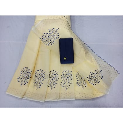 Vivid Kota Doria Cotton Bel Embroidery Yellow Saree Handdyed