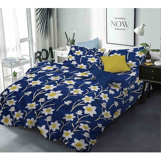 Black Bee  White Flowers Print On Navy Blue Base Double Bedsheet With 2 Pillow Covers (208 X 213 Cm)(Bs8-08)