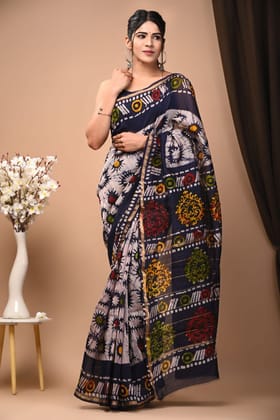 Chanderi Silk Sarees | Bagru print With attached blouse.