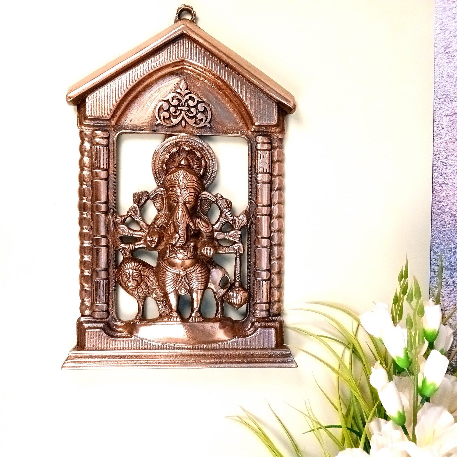 Ganesh Idol Wall Hanging | Lord Ganesha Sitting on Lion Wall Statue Decor - For Puja, Home, Entrance, Living Room & Gift - 16 Inch