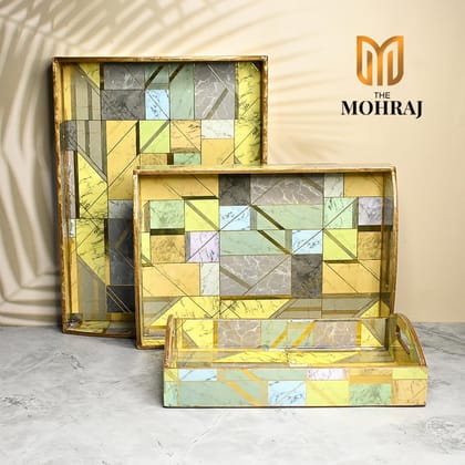 The Mohraj Modern MDF Trays with Curved Handles and Gold Foil Finish Set of 3 The Mohraj Modern MDF Trays with Curved Handles and Gold Foil Finish Set of 3