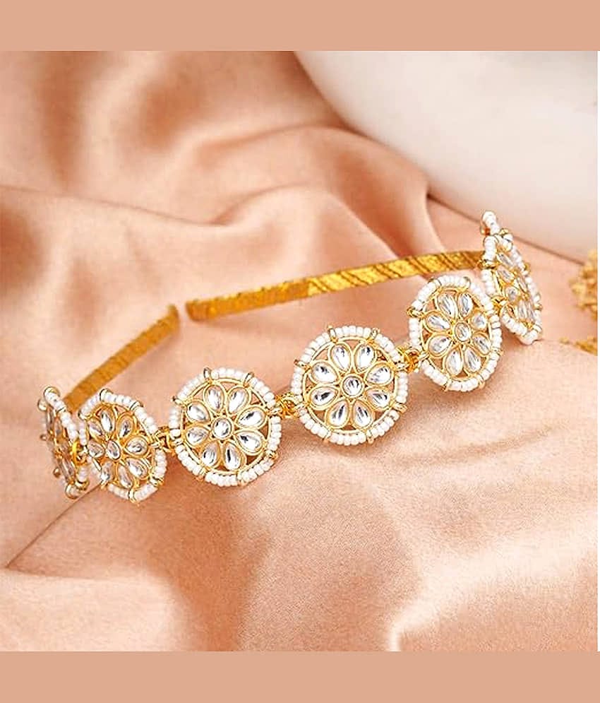 J D Jewellers Floral Kundan Studded Matha Patti Sheesh Wedding Hairband Golden Celebrity Headband